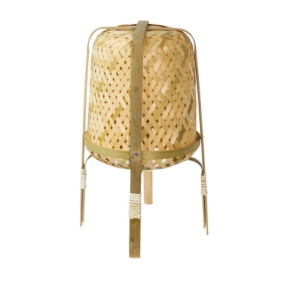 Asian Lantern Quadpod Table Lamp Hand Woven Bamboo Single-Bulb Living Room Night Light in Beige