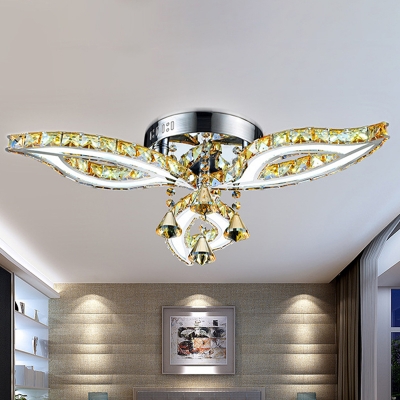 Beveled K9 Crystal Leaf Semi Flush Modern Stylish Hotel LED Ceiling Light in Chrome