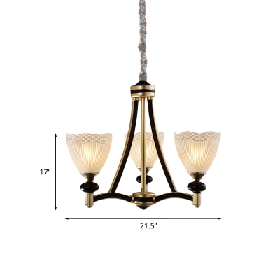 Black and Gold 3/5 Heads Chandelier Light Countryside Clear Ribbed Glass Bowl Shade Suspension Pendant