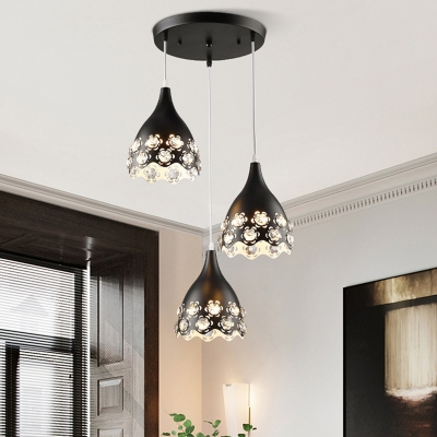 Black Domed Hanging Light Fixture Modern 3 Heads Metal Cluster Pendant Lamp with Flower Crystal