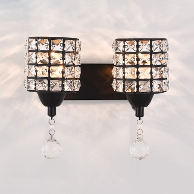 Black Gridded Cylinder Wall Lamp Modern Crystal 2 Heads Living Room Sconce Light Fixture