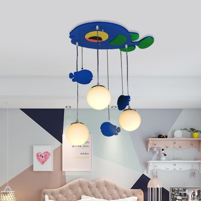 Blue Finish Fish Multi Ceiling Light Cartoon 3-Head Wood Pendulum Lamp with Sphere Cream Glass Shade