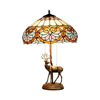 Bowl Cut Glass Nightstand Lighting Tiffany 2-Light Beige/Blue and White Pull Chain Desk Lamp with Resin Deer Base