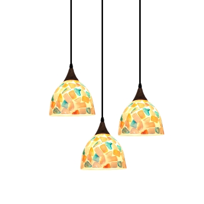 Bowl Shape Shell Multi Hanging Light Mediterranean 3 Lights Bronze Ceiling Pendant with Mosaic Pattern, Round/Linear Canopy