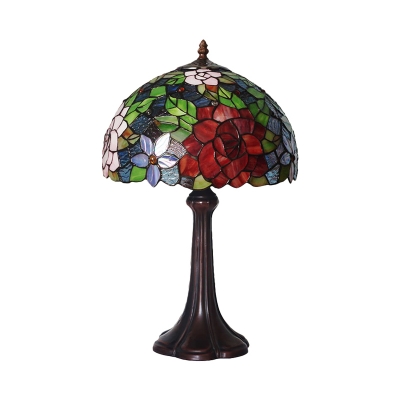 Bronze Rosebush Night Lighting Tiffany 1-Light Stained Art Glass Nightstand Lamp for Bedroom