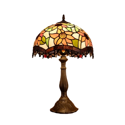 Bronze Scalloped Edge Table Lighting Baroque 1 Light Cut Glass Nightstand Lamp with Flower Pattern