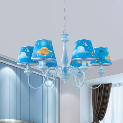 Cartoon 5/6-Head Chandelier Blue Planet Patterned Cone Shape Drop Lamp with Fabric Shade