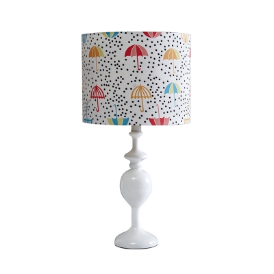 Cartoon Cylinder Shade Table Light Fabric 1 Bulb Bedside Night Stand Lamp with Umbrella Pattern in White