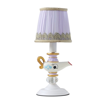 Cartoon Kettle Night Lamp Resin 1 Head Kids Bedroom Table Lighting with Pleated Fabric Lampshade in White
