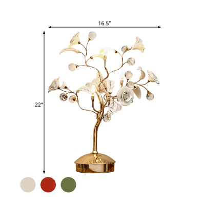 Ceramic Floral Night Light Pastoral 3 Heads Living Room Table Lamp with Crystal Ball in White/Red/Green