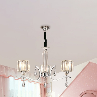Chrome 3-Head Hanging Light Kit Modern Crystal Block Cylindrical Ceiling Chandelier for Bedroom