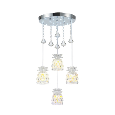 Chrome Cup Cluster Pendant Light Contemporary Crystal Block 4-Bulb Restaurant Hanging Lamp