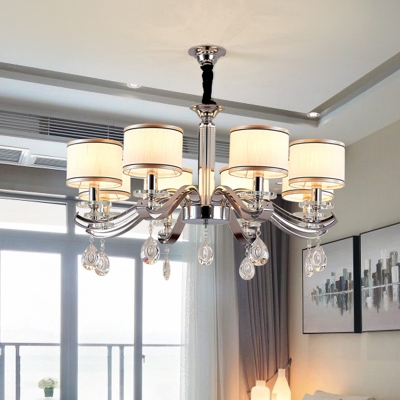 Chrome Finish 8-Bulb Suspension Light Modern Fabric Cup Shaped Chandelier Lamp with Crystal Teardrop