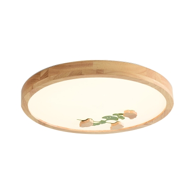 Circular Wooden LED Ceiling Fixture Minimalist Green/White Flush Mount Lamp with Ginkgo Pattern