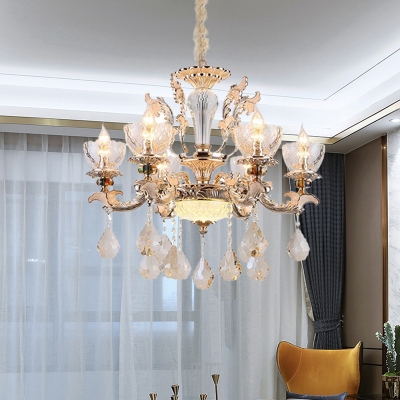 Clear Glass Gold Ceiling Chandelier Candelabra 6-Light Mid-Century Pendant with Crystal Drop