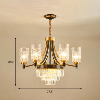 Clear Glass Gold Hanging Lamp Cylindrical 6 Lights Traditionalist Chandelier Pendant Light