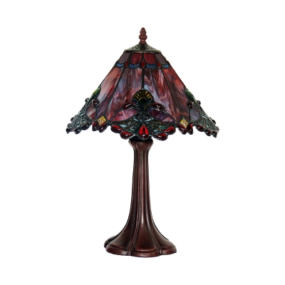 Coffee 1-Light Table Lamp Tiffany Hand Cut Glass Conical Night Lighting with Metal Base