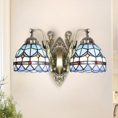 Cone/Bell Shaped Wall Light Fixture Baroque White/Blue Grid Glass 2-Head Bronze Finish Sconce with Mermaid