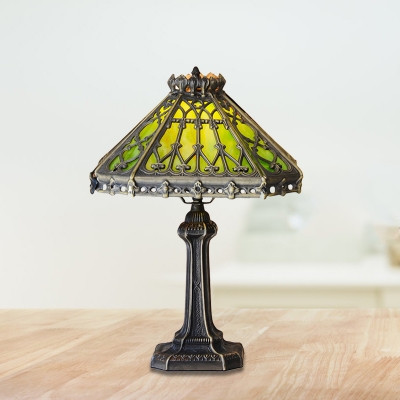 Cone Shade Green/Beige Glass Table Light Mission Style 1 Light Bronze Nightstand Lamp for Bedroom