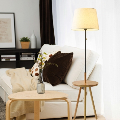 Conical Pull-Chain Floor Reading Lamp Simple Fabric 1 Bulb Bedroom Standing Light with Wood Tripod Table in Black/White
