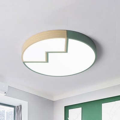 Crackle Circle Flush Mounted Lamp Macaron Acrylic Grey/Green and Wood LED Ceiling Light