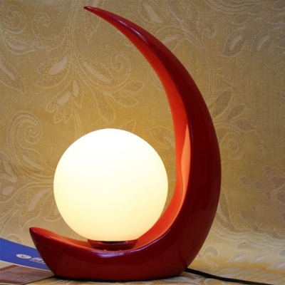 Creative Modern Crescent Night Light Resin 1 Bulb Bedside Table Lamp in Red with Ball Milk Glass Shade