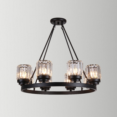 Crystal Block Cylinder Chandelier with Ring Design Modernist 8-Bulb Living Room Pendulum Light in Black