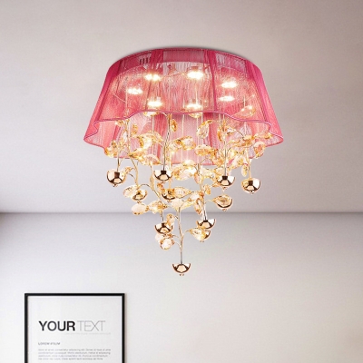 Crystal Branch Ceiling Flush Modernism LED Gold Flush Mounted Light with Pink/Silver Sheer Fabric Shade