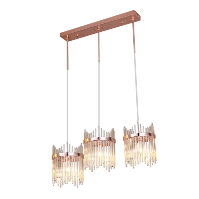Crystal Rod Rose Gold Pendant Lamp Wave-Edge 3 Heads Modernism Multiple Hanging Light Fixture
