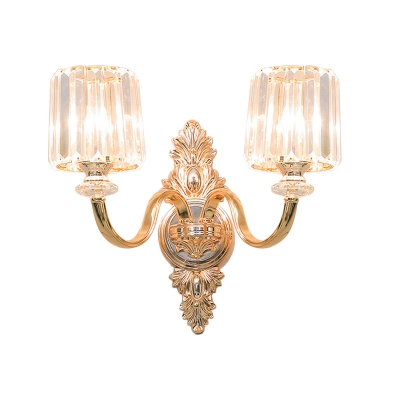 Curved Arm Crystal Wall Sconce Classic 2 Bulbs Corridor Wall Lighting Fixture in Gold
