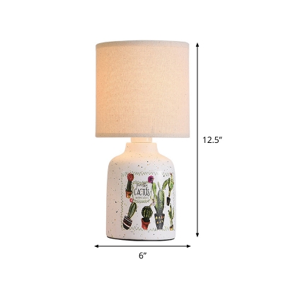 Drum/Cylinder/Square Fabric Table Light Modern 1 Bulb White/Yellow Night Lamp with Round/Tree/Star Ceramic Base
