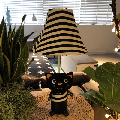 Fabric Bell Night Table Lamp Kids 1-Bulb Black Nightstand Light with Cartoon Cat Base