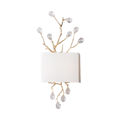 Fabric White Flush Mount Wall Sconce Cuboid 2 Bulbs Rustic Wall Mount Lamp with Branching Crystal Insert