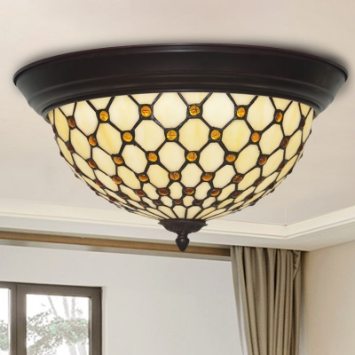 Fishscale Patterned Bowl LED Ceiling Lamp Tiffany-Style Beige Cut Glass Flush Light Fixture