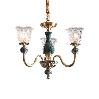 Flower Clear Glass Ceiling Chandelier Classic 3/8 Bulbs Restaurant Pendant in Gold with Ceramic Decor