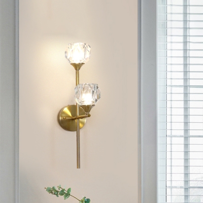 Flowerbud Crystal Wall Lamp Postmodern 2-Bulb Bedside Sconce Light with Gold Cross Arm