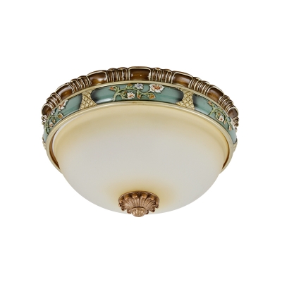 Frosted Glass Peacock Green Flush Mount Dome Shade 2/3/4 Heads Countryside Ceiling Lighting with Flower Pattern
