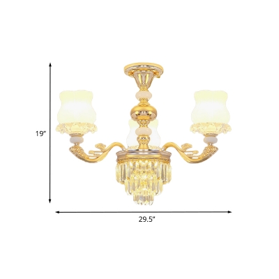 Gold 3/6-Light Ceiling Mount Chandelier Modern Crystal Tiers Semi Flush Mount with Scalloped Opal Glass Shade