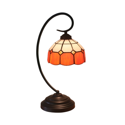 Grid Dome Table Light 1-Bulb Hand Cut Glass Tiffany Nightstand Lamp in Orange/Green with Swirl Arm