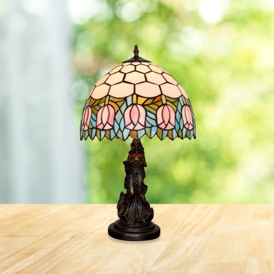 Hand Cut Glass Bowl Nightstand Light Tiffany 1 Light Bronze Finish Flower Patterned Night Lamp