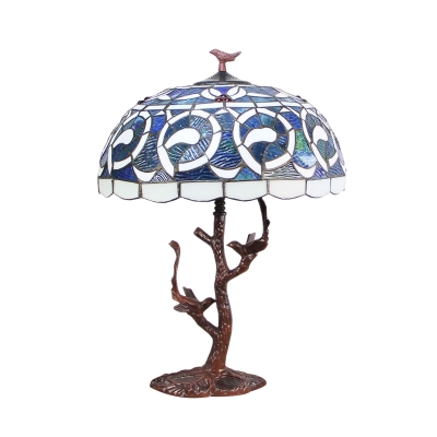 Hand Cut Glass Coffee Night Lamp Bowl Shade 1-Bulb Baroque Table Light with Tree Design