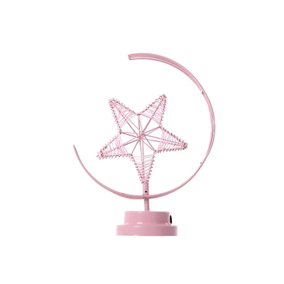 Iron Crescent and Star USB Night Light Macaron Pink/Black LED Table Lamp in Warm Light for Bedroom