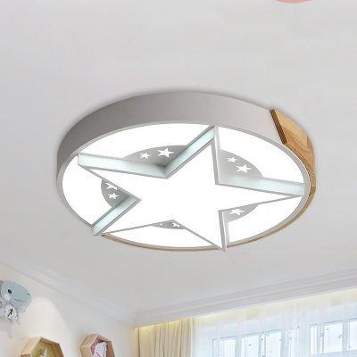 Iron Star Badge Flush Ceiling Light Macaron White/Pink/Blue and Wood LED Flushmount Lighting