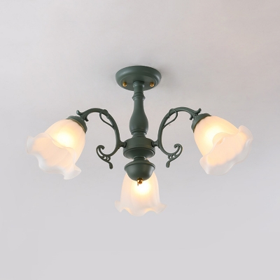 Ivory Glass Curving Ceiling Light Pastoral 3/5 Bulbs Dining Room Semi Flush Mount in Grey/Blue/Green