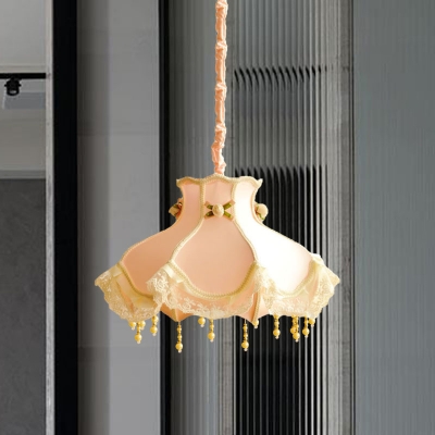Kids 1 Head Hanging Lamp Pink/White Lace Trim Pendant Lighting Fixture with Fabric Shade for Bedroom