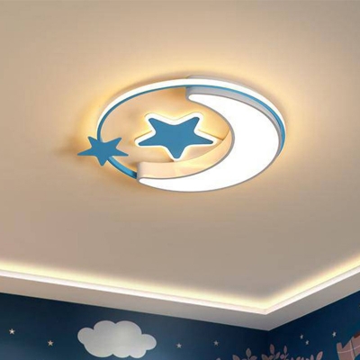 Kids Moon and Star Ceiling Flush Acrylic Bedroom LED Flush-Mount Light Fixture in Pink/Gold/Blue
