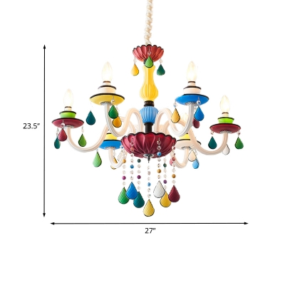 Macaron Candle Chandelier Iron 5/6/8-Bulb Kindergarten Drop Lamp with Teardrop Crystal Accent in Red-Yellow-Blue-Green