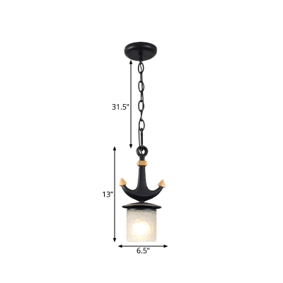 Mediterranean Anchor Down Lighting Metal 1 Light Bedroom Pendant in Black with Flared/Cylinder Opal Glass Shade, Large/Small