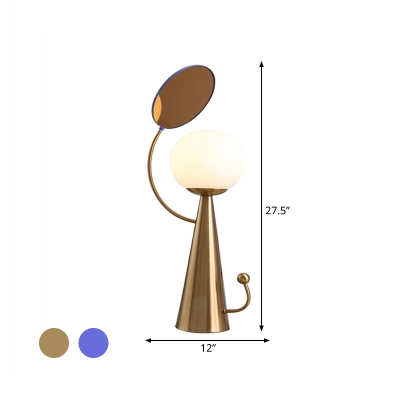 Metal Cone and Mirror Night Table Light Modern 1-Bulb Blue/Gold Finish Desk Lamp with Orb Milky Glass Shade
