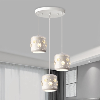 Metal Drum Multi Pendant Light Fixture Minimalist 3 Heads Crystal Ceiling Lamp in White